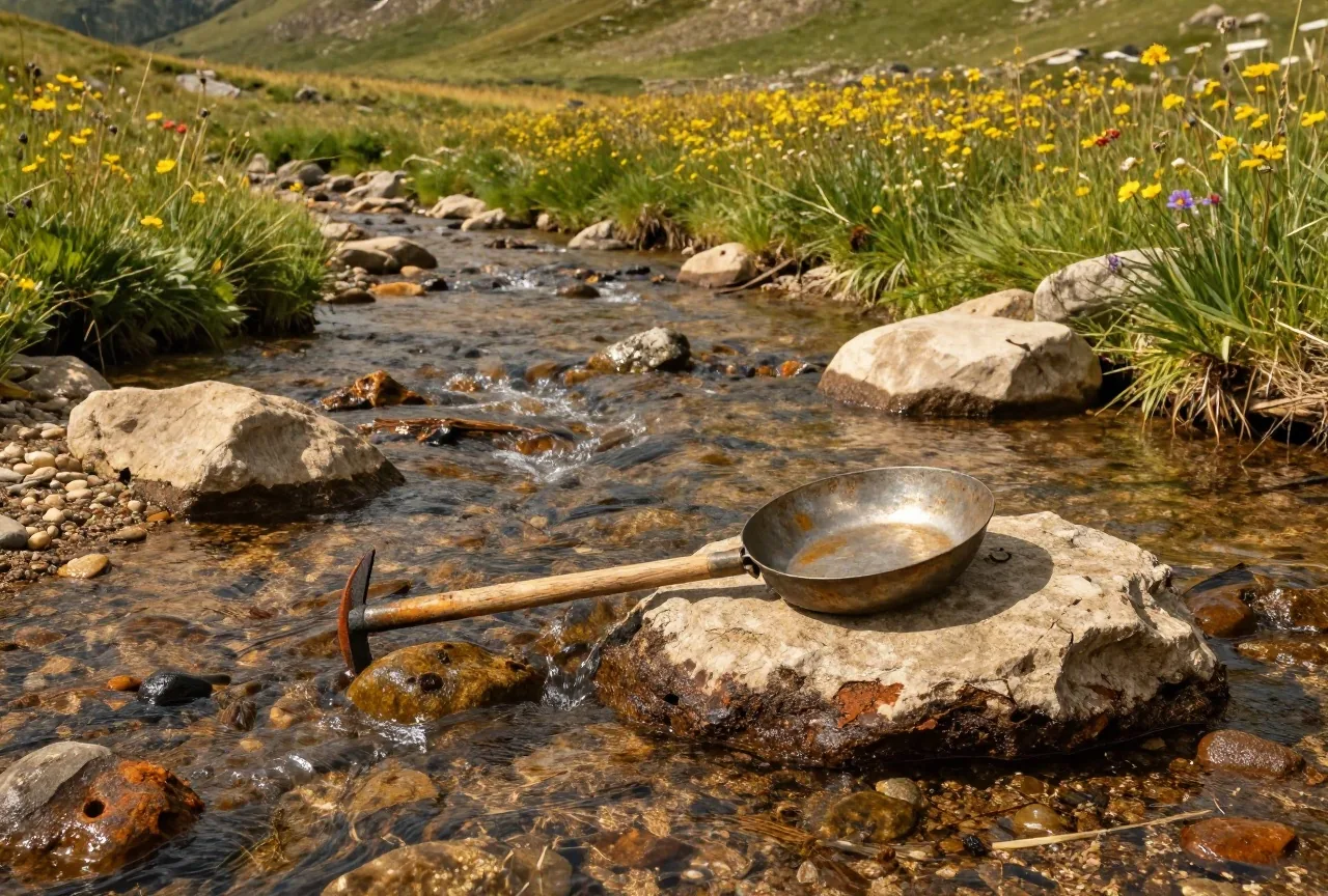 Goldwaschpfanne und Spitzhacke auf einem flachen Stein an einem klaren Bach in einem grünen Bergtal mit Blumenwiese