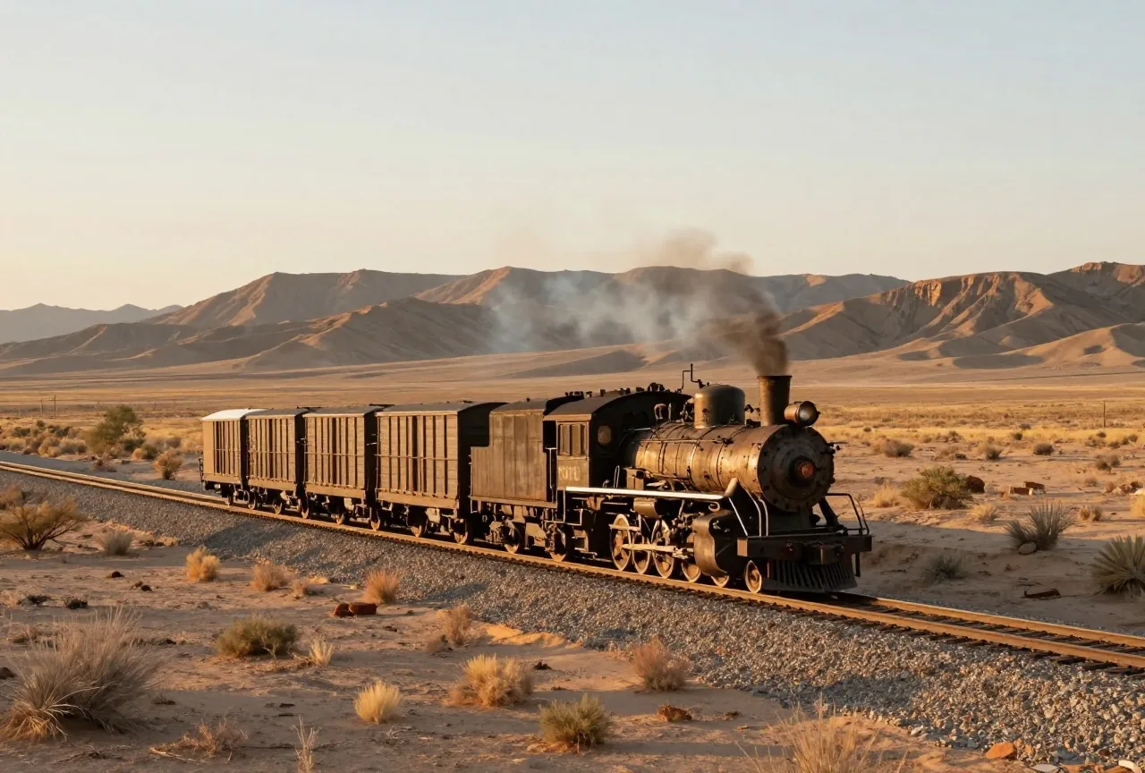Dampflokomotive mit einem eisenbeschlagenen Güterwagen auf einem einzelnen Gleis in einem trockenen Wüstental, dahinter flache Tafelberge im warmen Abendlicht