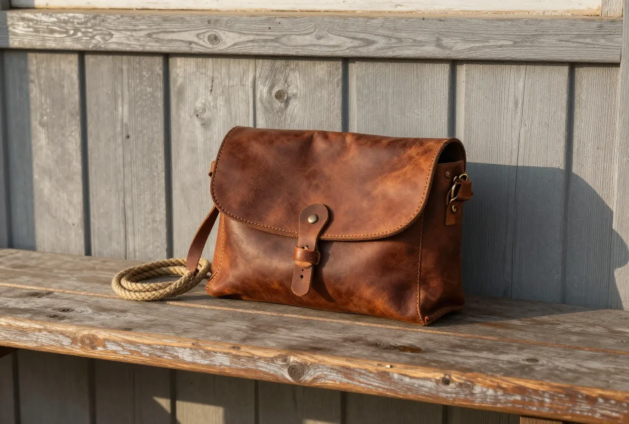 Abgegriffene lederne Posttasche und ein zusammengerolltes Seil auf einer Holzbank vor der Bretterwand einer Postkutschenstation, mildes Nachmittagslicht