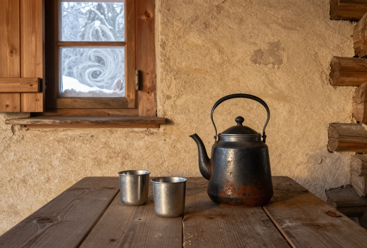 Blechkanne und zwei Zinnbecher auf einem groben Holztisch vor einer Blockwand, durch das kleine Fenster mit Holzläden Schneetreiben
