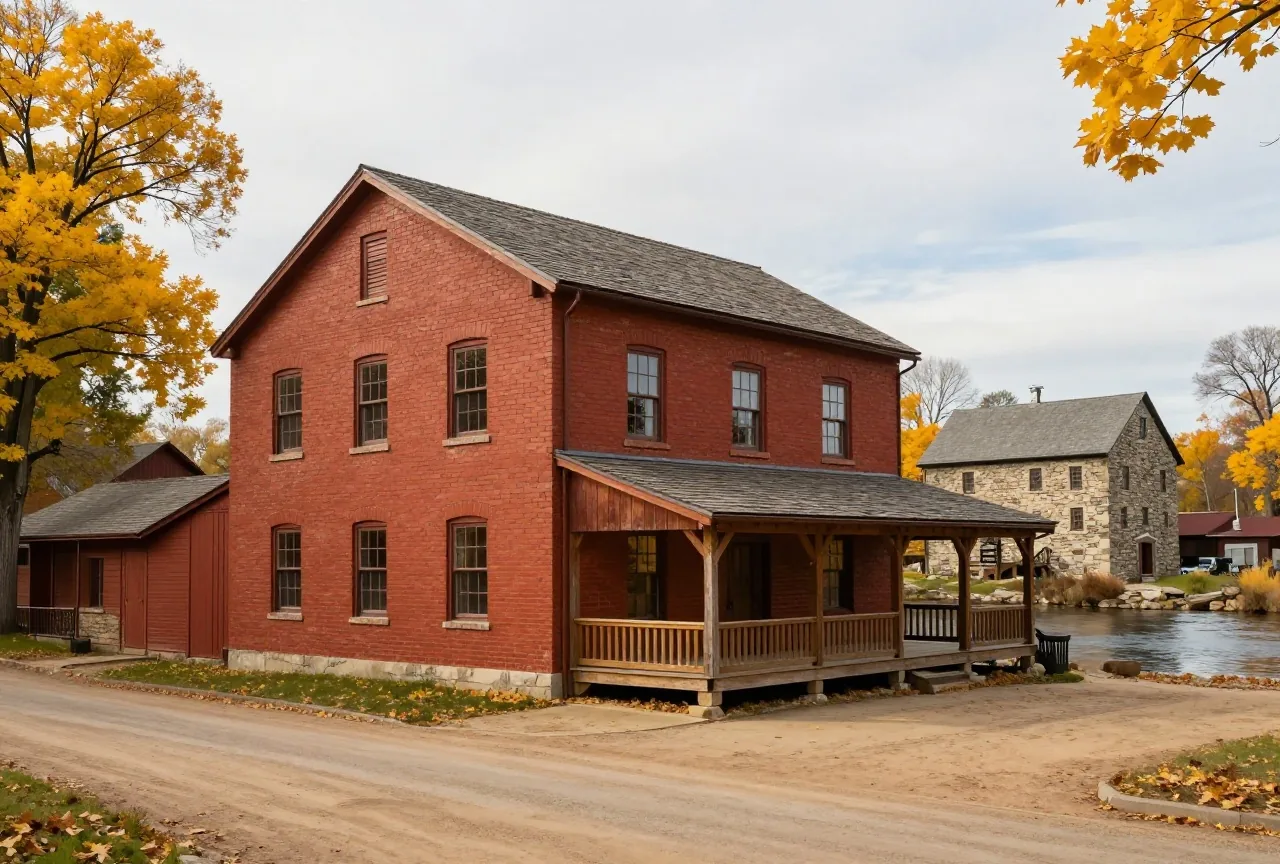 Bankgebäude aus Backstein an einem stillen Platz am Flussufer in Minnesota, daneben eine Mühle und Bäume mit gelbem Herbstlaub, die Straße leer