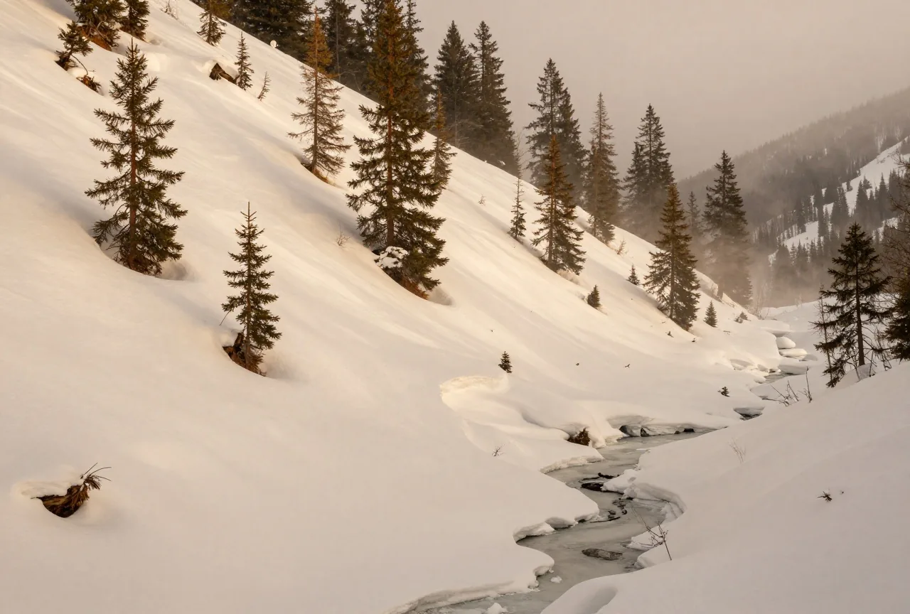 Steiler, verschneiter Berghang mit vereinzelten Fichten über einem gefrorenen Bach, Nebel zieht durch das Tal