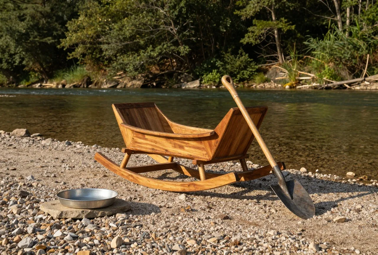 Hölzerne Schüttelwiege mit Schaufel am Ufer eines flachen Flusses in bewaldeten Hügeln