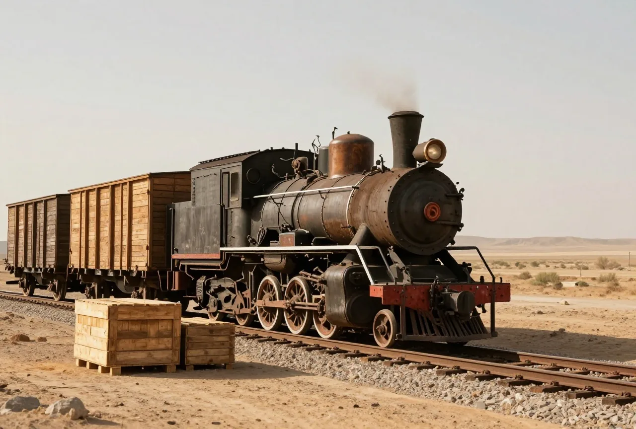 Alte Dampflokomotive mit hölzernen Güterwagen auf einem einzelnen Gleis an einem einsamen Ausweichgleis in der Wüste, daneben schlichte unbeschriftete Holzkisten, warme Nachmittagssonne