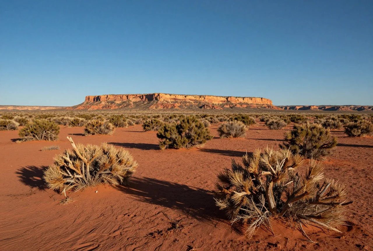 Hochebene in New Mexico mit Wacholderbüschen, rotem Sand und einem flachen Tafelberg im tiefen Wintersonnenlicht