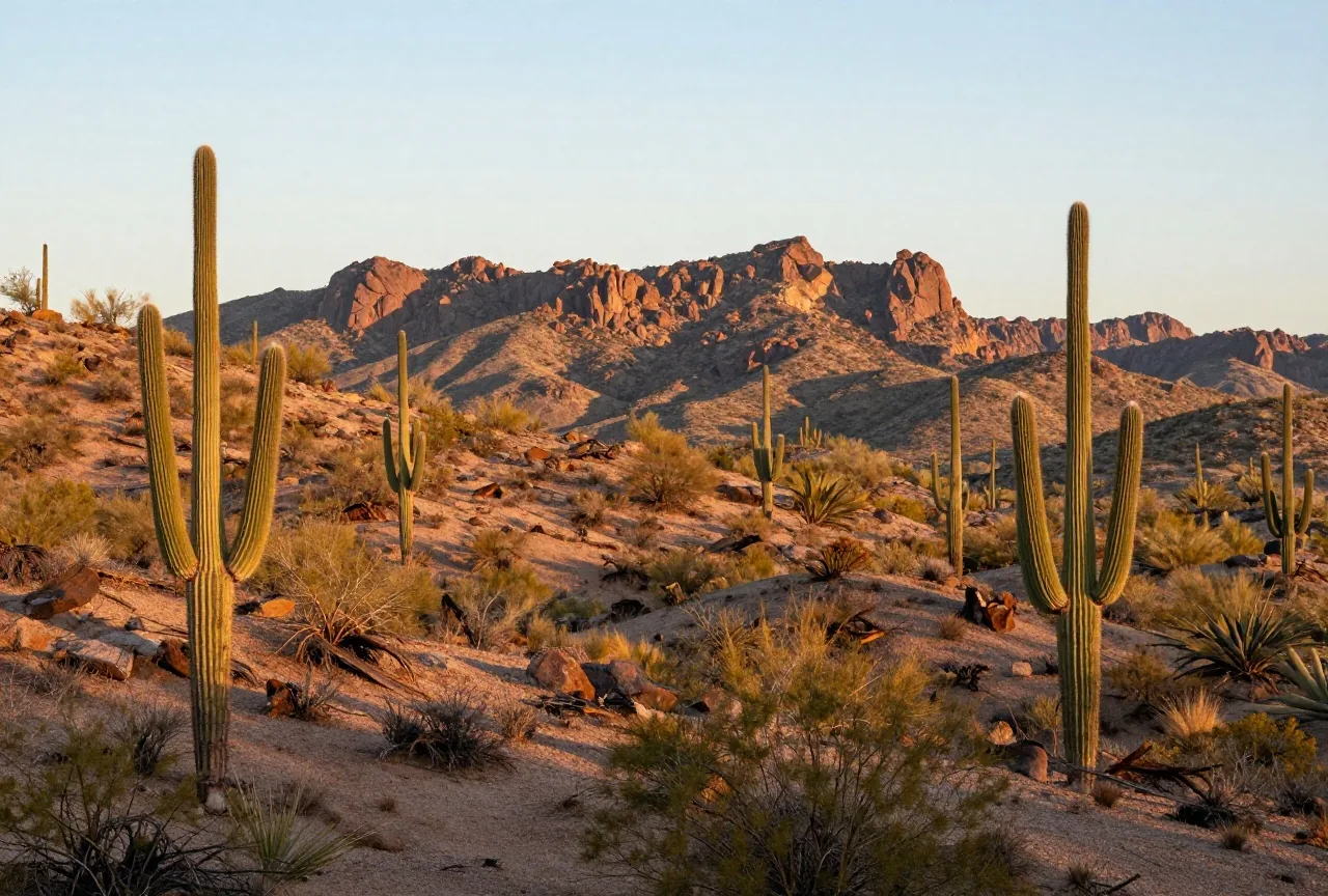 Sanfte Wüstenhügel mit Saguaro-Kakteen und Mesquitesträuchern, dahinter eine felsige Bergkette unter einem weiten Himmel im Nachmittagslicht