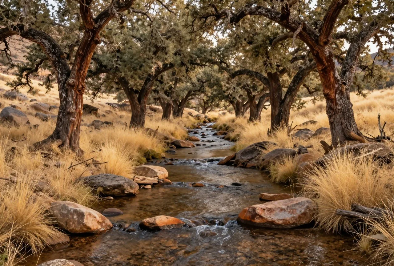 Schmaler Bach zwischen alten Eichen in den bewaldeten Ausläufern eines Gebirges im Südosten Arizonas, Sonnenflecken auf Steinen und trockenem Gras