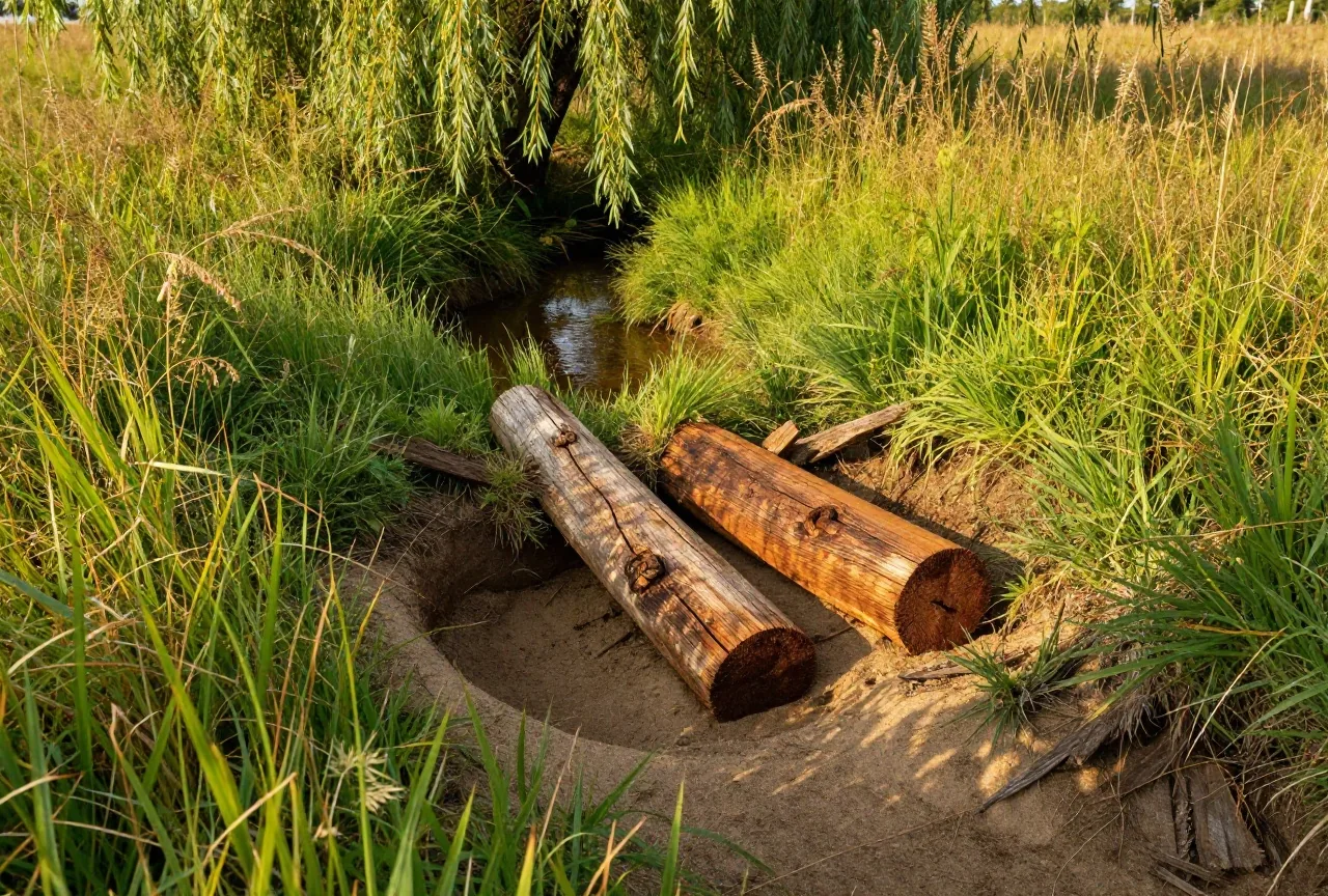 Schmaler Bach mit Weiden und hohem Gras in flacher Prärie im Sommer, am Ufer ein grasbewachsener Hang mit einer eingesunkenen Mulde