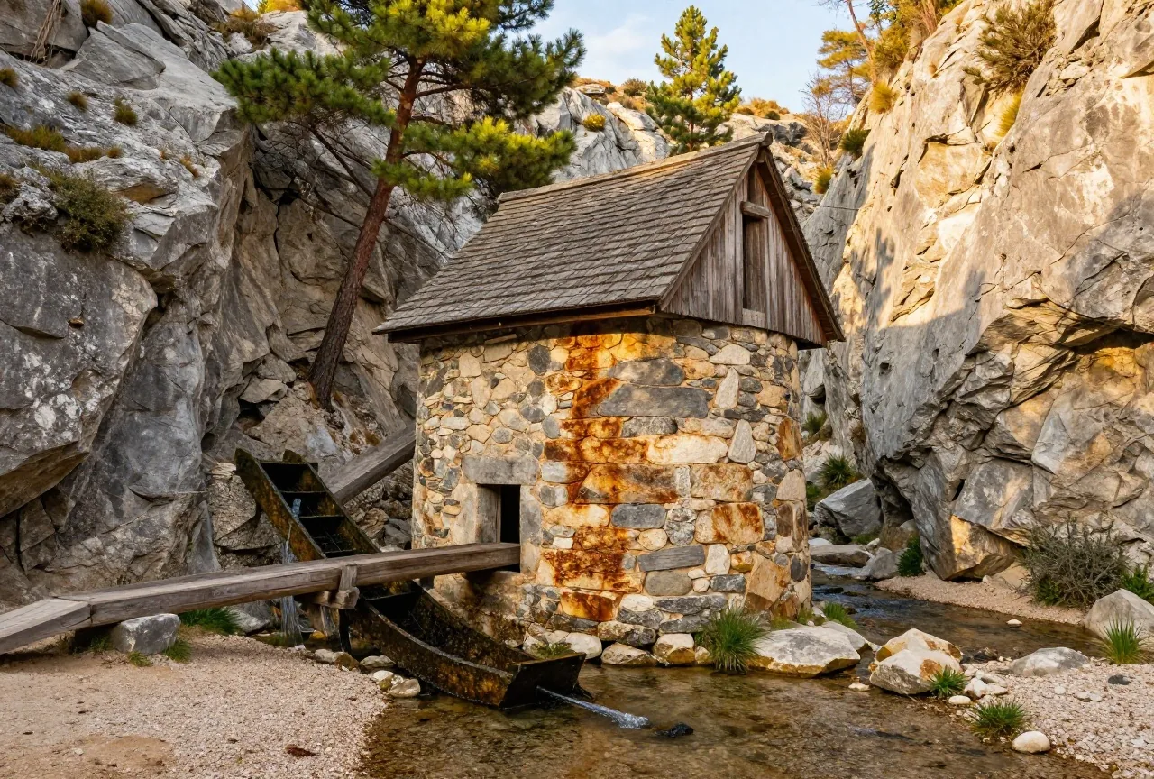 Alte steinerne Wassermühle mit Holzdach an einem flachen, klaren Bach am Grund einer schmalen Karstschlucht mit hellgrauen Kalkfelsen und Kiefern im Licht der späten Nachmittagssonne