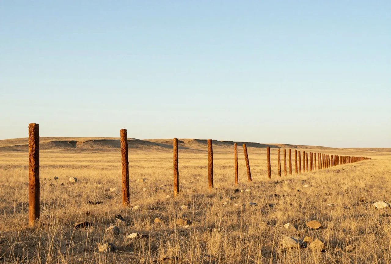 Reihe verwitterter Holzpfähle, die sich über eine flache, baumlose Ebene mit trockenem gelbem Gras bis zu einer niedrigen Abbruchkante am Horizont zieht, im Licht der späten Nachmittagssonne