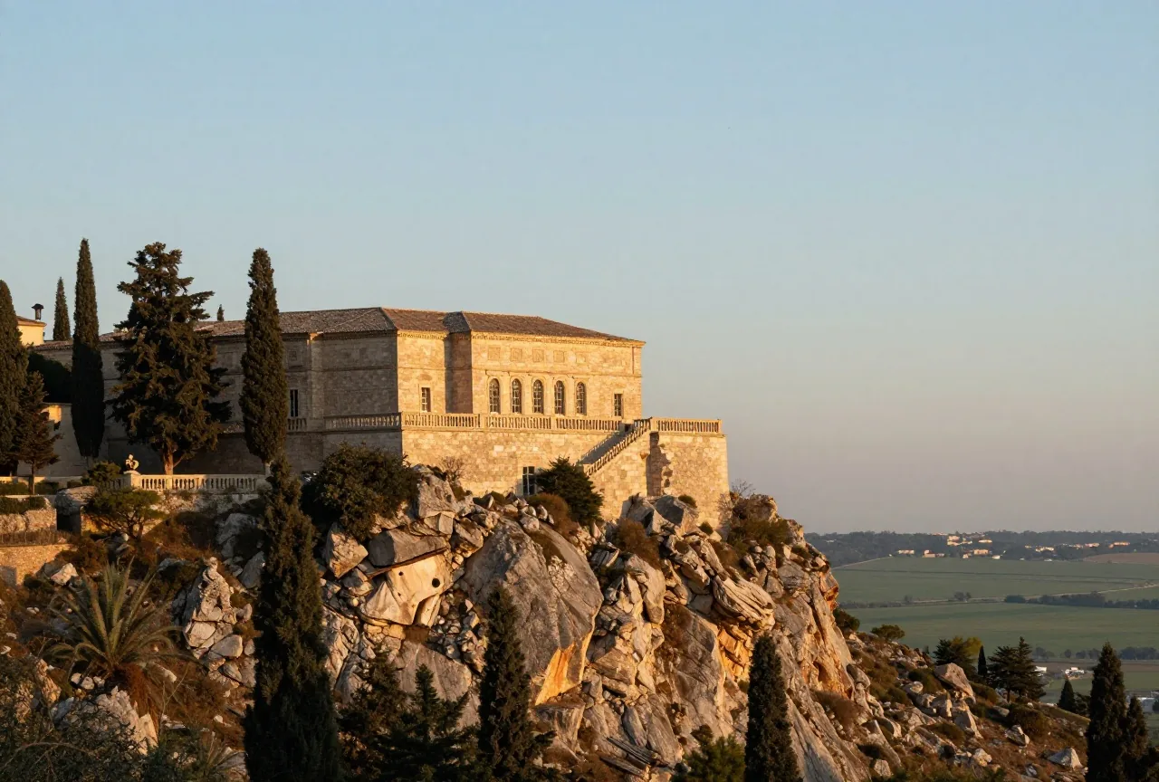 Helles Steinschloss mit Terrassen und Balustraden auf einem bewaldeten Hügel über einem weiten Tal im Nachmittagslicht