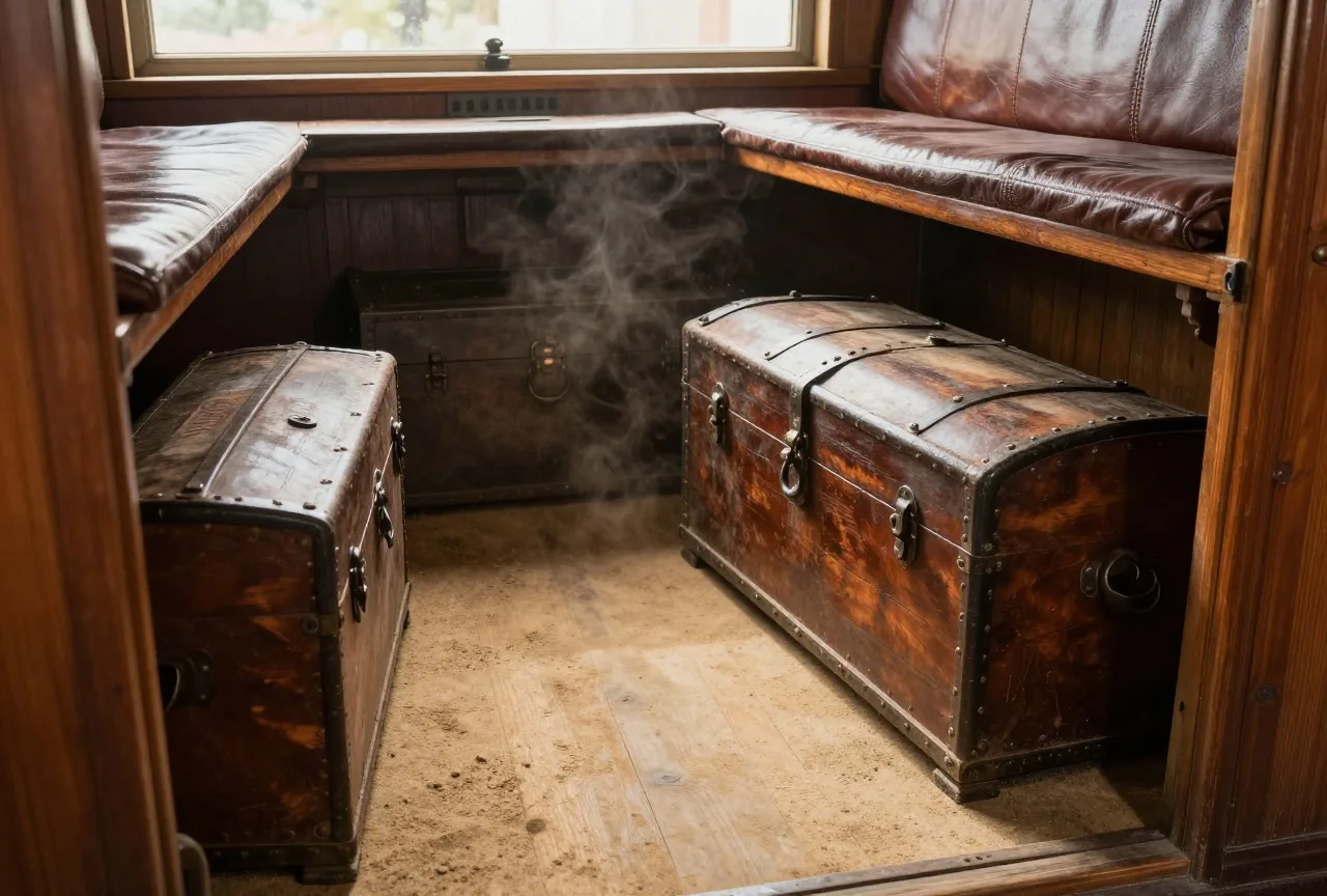 Offenes Bodenfach einer alten Holzkutsche mit mehreren eisenbeschlagenen Holzkisten, Staub im warmen Licht