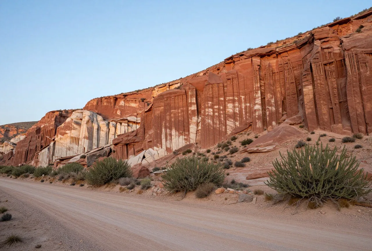 Ausgewaschene rote und weiße Sandsteinwände mit senkrechten Rippen in einem Wüstencanyon, davor Kreosotbüsche und ein leerer Feldweg
