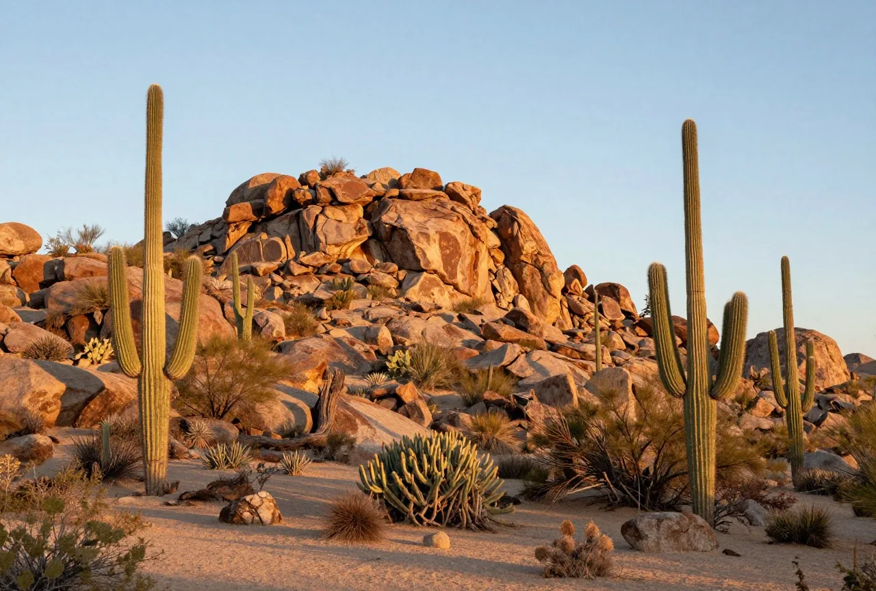Felsiger Hang in der Sonora-Wüste mit hohen Saguaro-Kakteen, Wüstensträuchern und rotbraunen Felsblöcken im goldenen Abendlicht