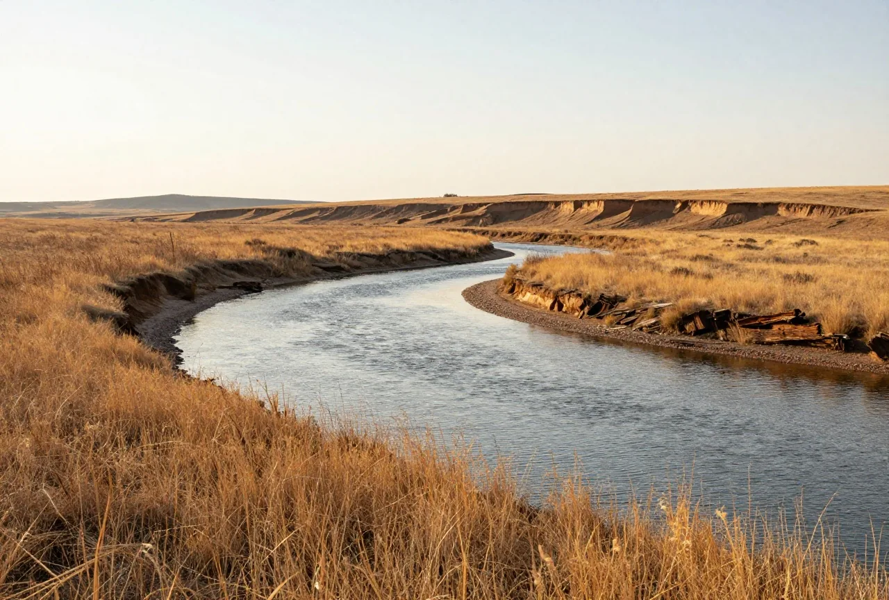 Flacher Fluss in einer Grasebene der Great Plains mit trockenem Gras und kahlen Lehmhängen am anderen Ufer im späten Nachmittagslicht