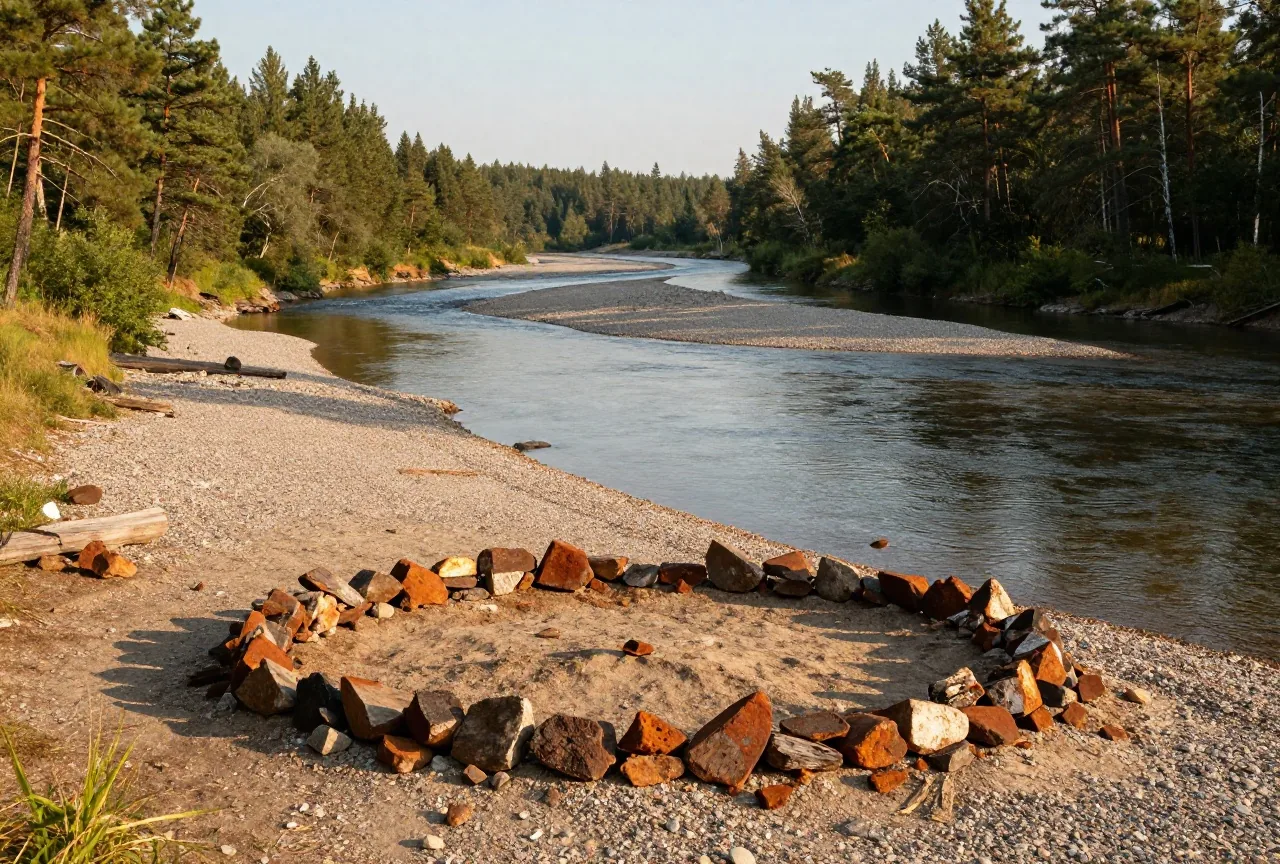 Ein breiter Fluss mit Kiesbänken zwischen Hügeln mit Kiefern im Spätsommer, am Ufer liegt eine verlassene Lagerstelle mit kalter Feuerstelle