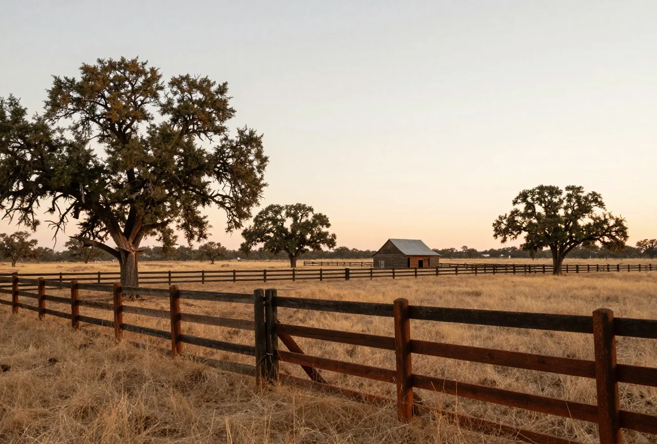 Weite Ranchlandschaft mit Holzzaun, verstreuten Eichen und trockenem Gras unter einem Abendhimmel, in der Ferne ein einfaches Farmhaus aus Holz