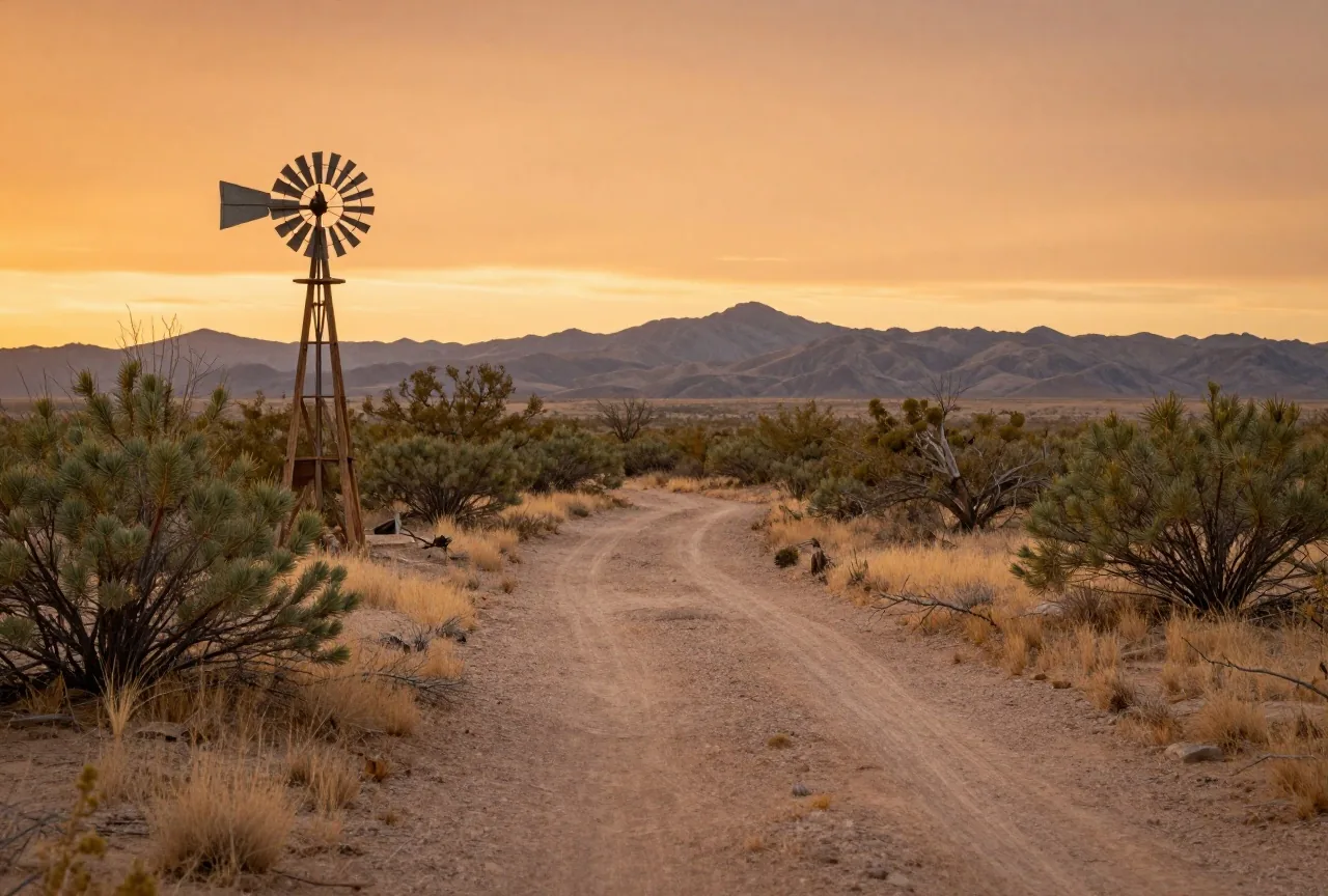 Staubiger Fahrweg durch die Wüste von West-Texas mit Kreosotbüschen, einer einzelnen Windpumpe und fernen Bergen bei Sonnenuntergang; Unterschrift: Fahrweg durch die Wüste von West-Texas
