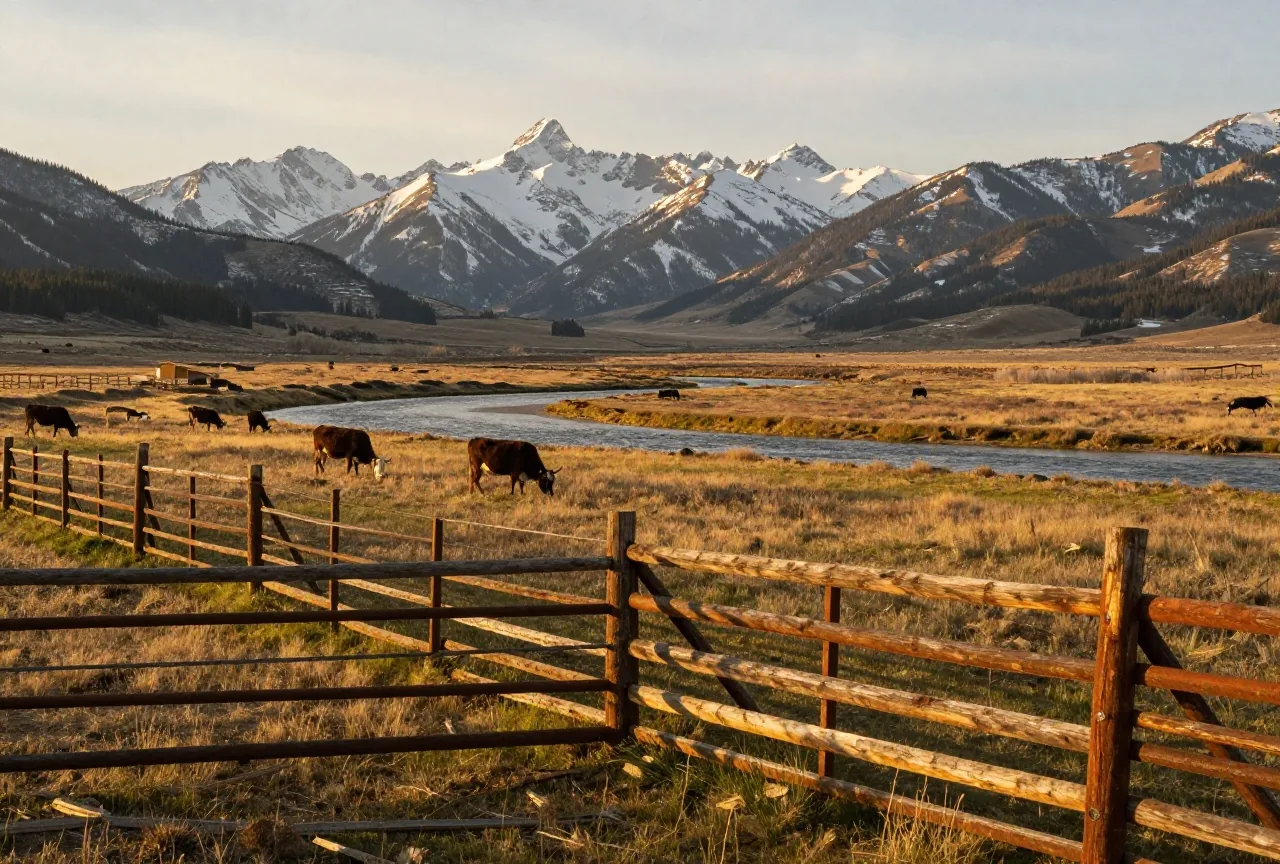 Weites Flusstal in Montana mit einem Zaun aus Rundhölzern, grasenden Rindern und schneebedeckten Bergen im Hintergrund, im goldenen Licht des Abends