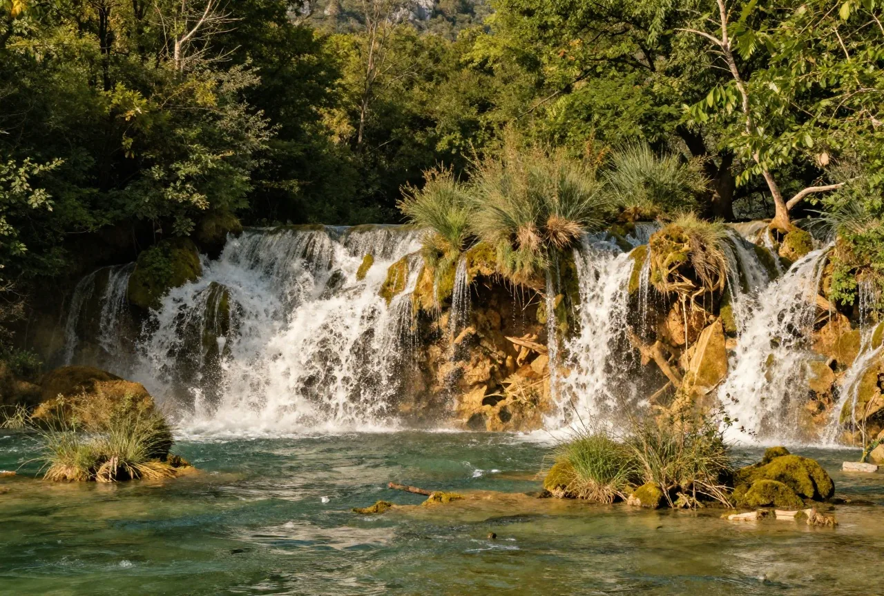 Wasserfälle stürzen über moosbedeckte Kalksteinstufen in einen grünen Fluss, umgeben von dichtem Laubwald im Sommerlicht
