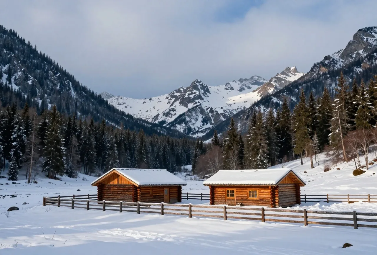 Verschneites Hochtal mit einer einsamen Blockhütte und einem Holzzaun, dahinter dunkle Nadelwälder und Berggipfel unter tiefen Wolken