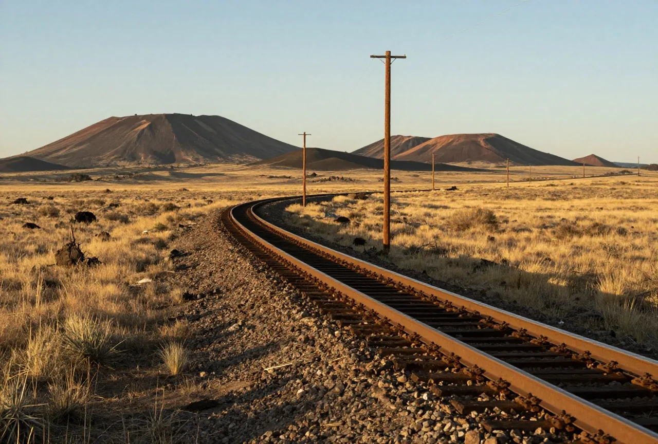 Eingleisige Bahnstrecke zieht in einem weiten Bogen durch grasbewachsenes Hochland mit dunklen erloschenen Vulkankegeln, Telegrafenmasten am Gleis, tief stehende Abendsonne