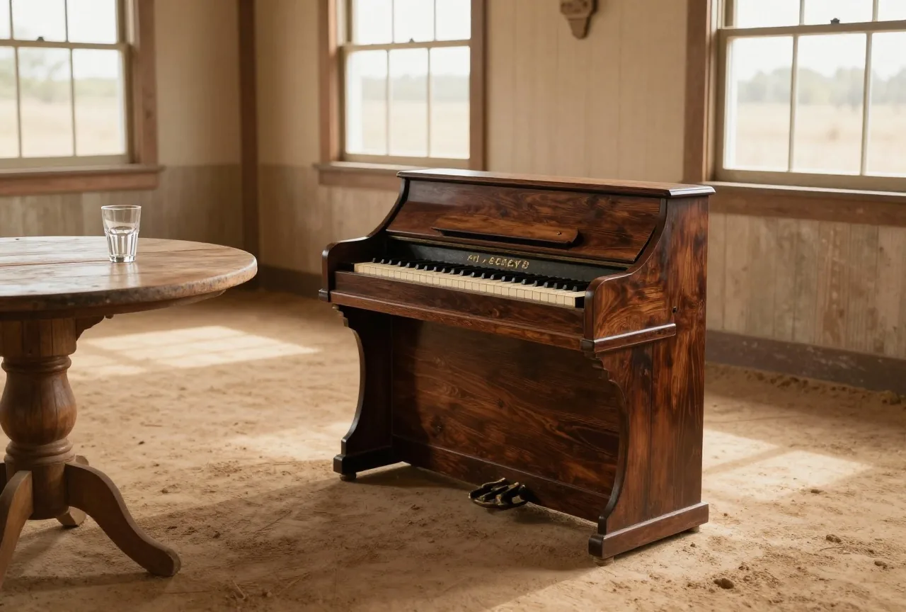 Mechanisches Klavier aus dunklem Holz in einem leeren Saloon, daneben ein runder Holztisch mit einem leeren Glas, Licht fällt schräg durch staubige Fenster