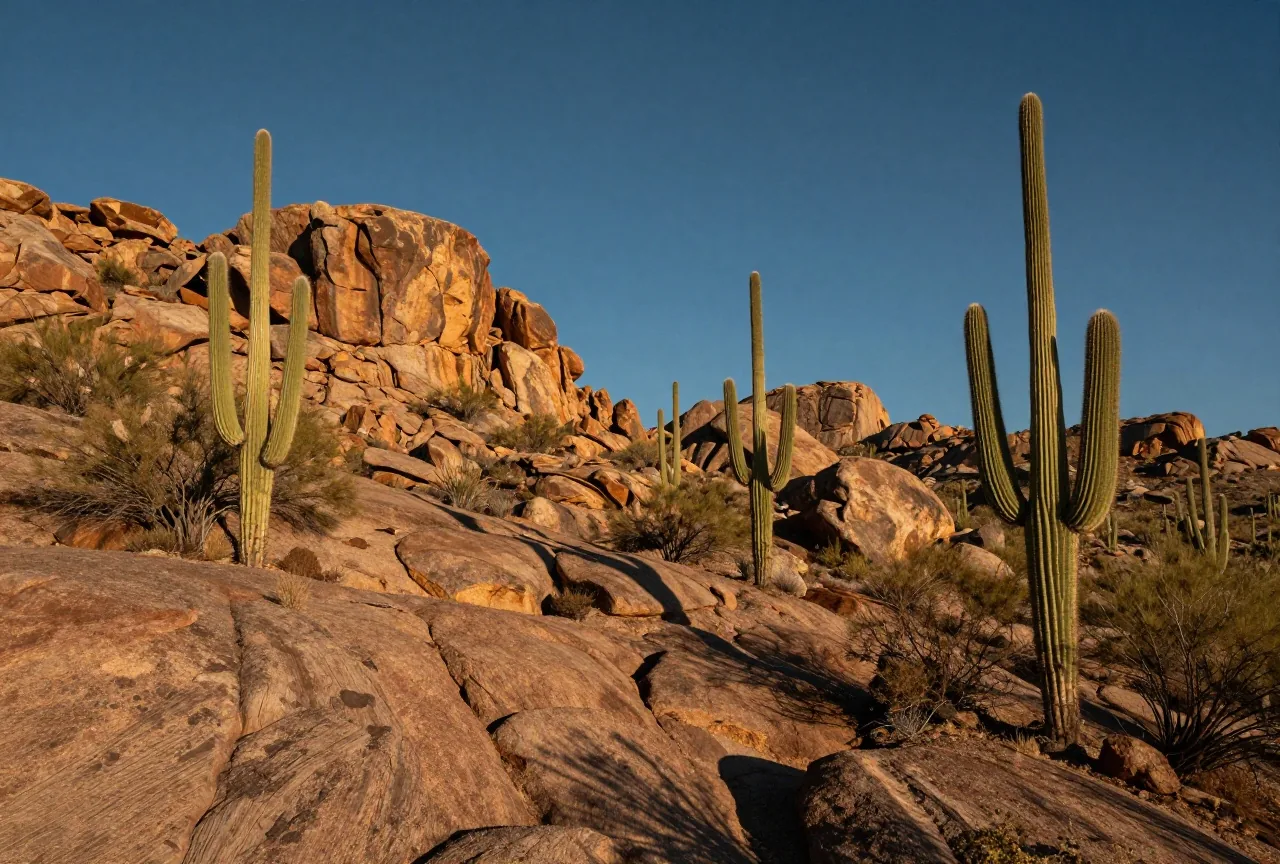 Felsige Wüstenhügel mit hohen Saguaro-Kakteen und Geröll unter blauem Himmel im späten Nachmittagslicht