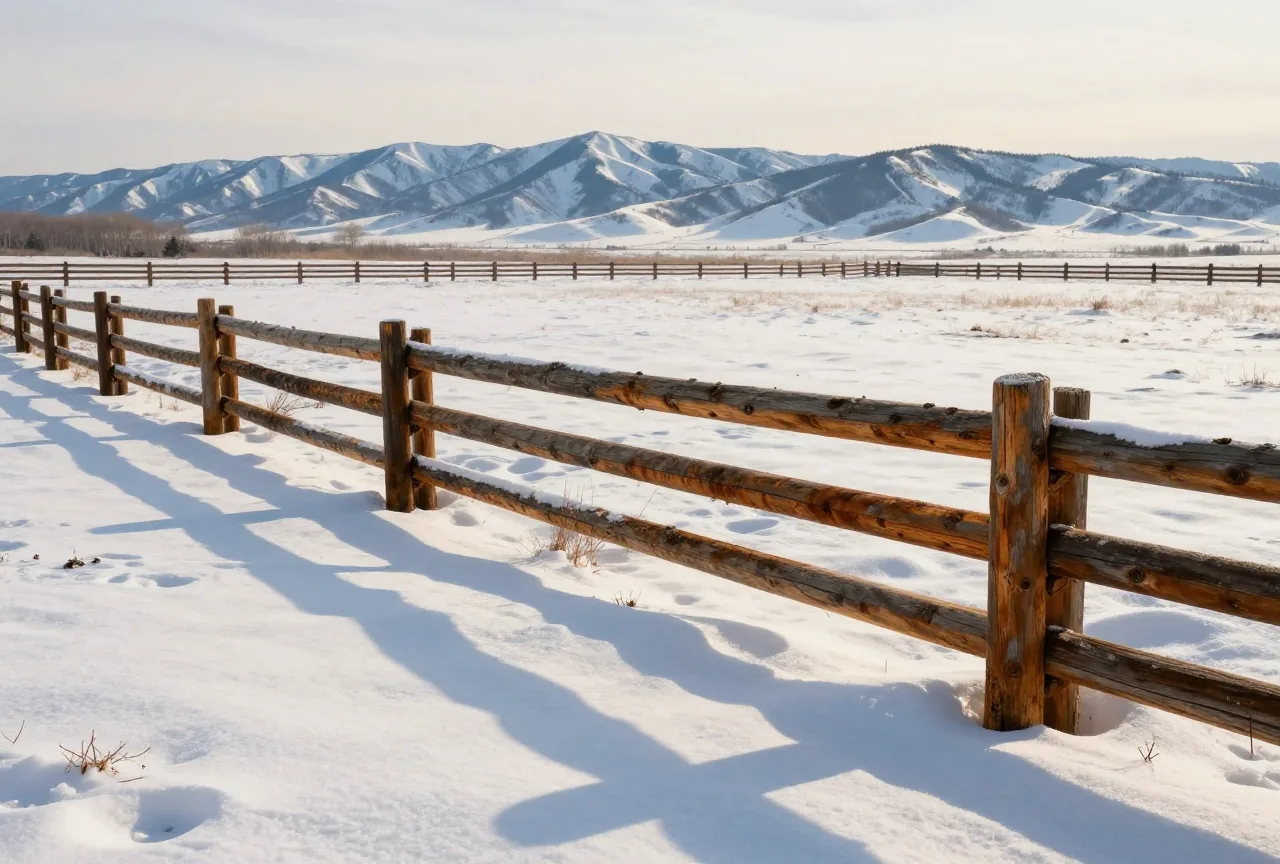 Verwitterter Holzzaun einer Ranch, halb im tiefen Schnee versunken, auf einer offenen Ebene vor fernen Schneebergen in tief stehender Wintersonne