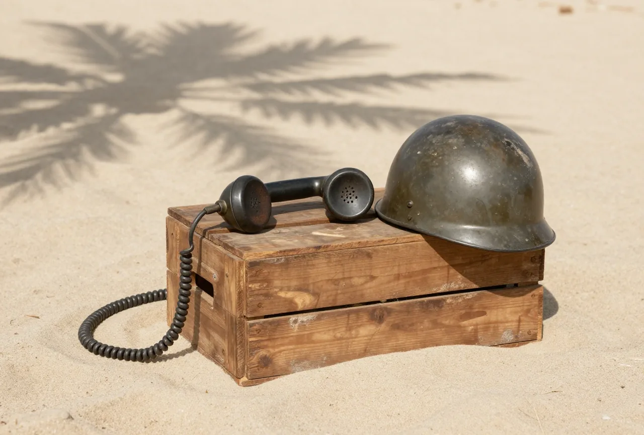 Feldfunkgerät aus dem Zweiten Weltkrieg mit Handhörer und aufgerolltem Kabel auf einer Holzkiste, daneben ein Stahlhelm im Sand unter Palmenschatten