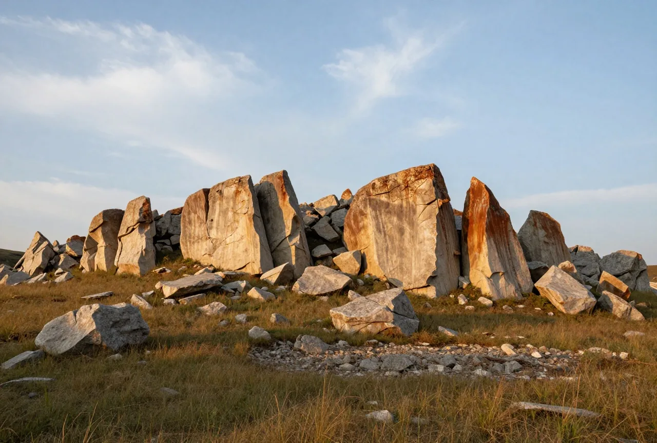 Zackige helle Kalkfelsen über einer grasigen Hochfläche mit verstreuten Felsblöcken unter weitem Himmel