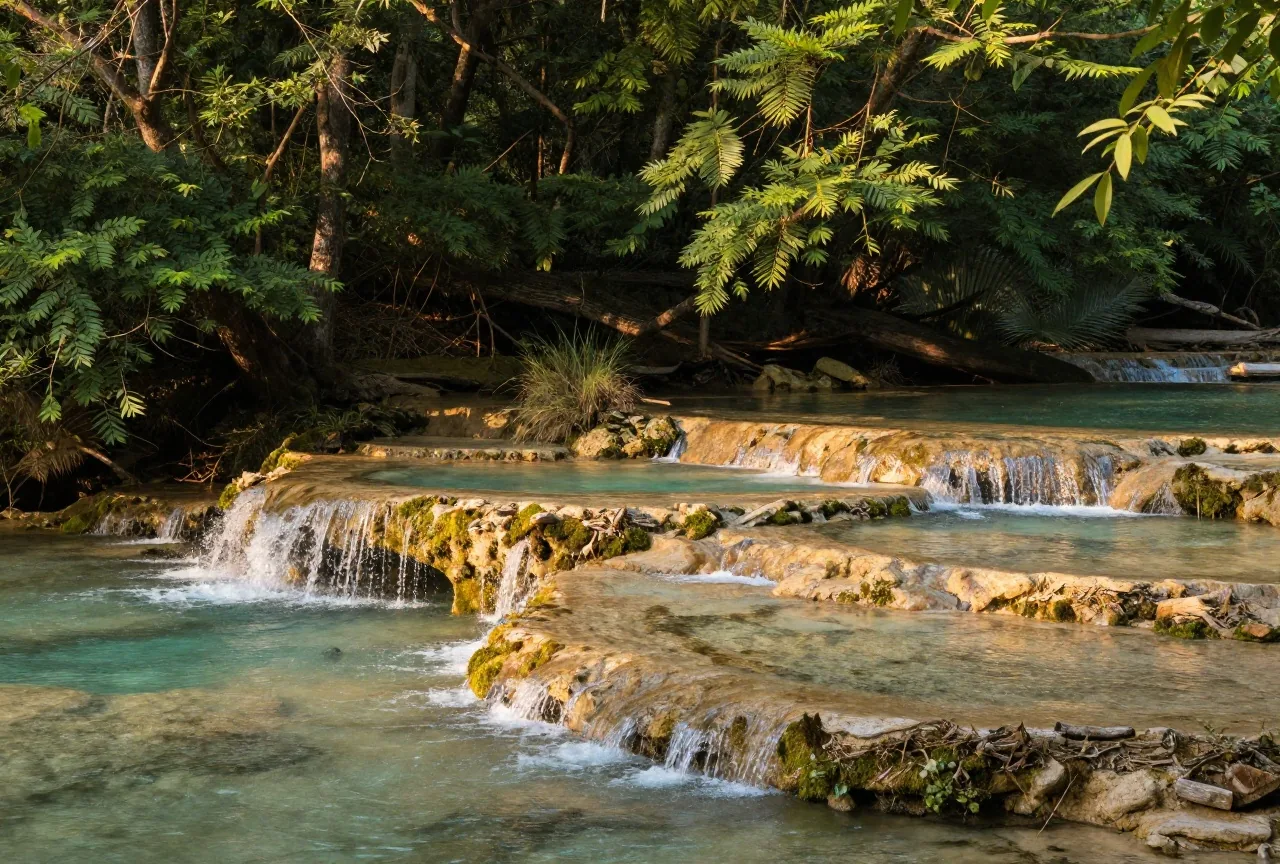 Mehrere kleine Wasserfälle stürzen über moosbewachsene Kalksinterstufen in klare türkisfarbene Becken, ringsum dichter grüner Wald