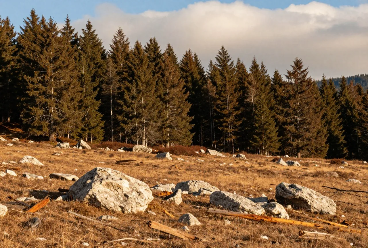Hohe Bergwiese mit Kalkfelsen am Rand eines dunklen Fichten- und Buchenwalds unter ziehenden Wolken im späten Nachmittagslicht