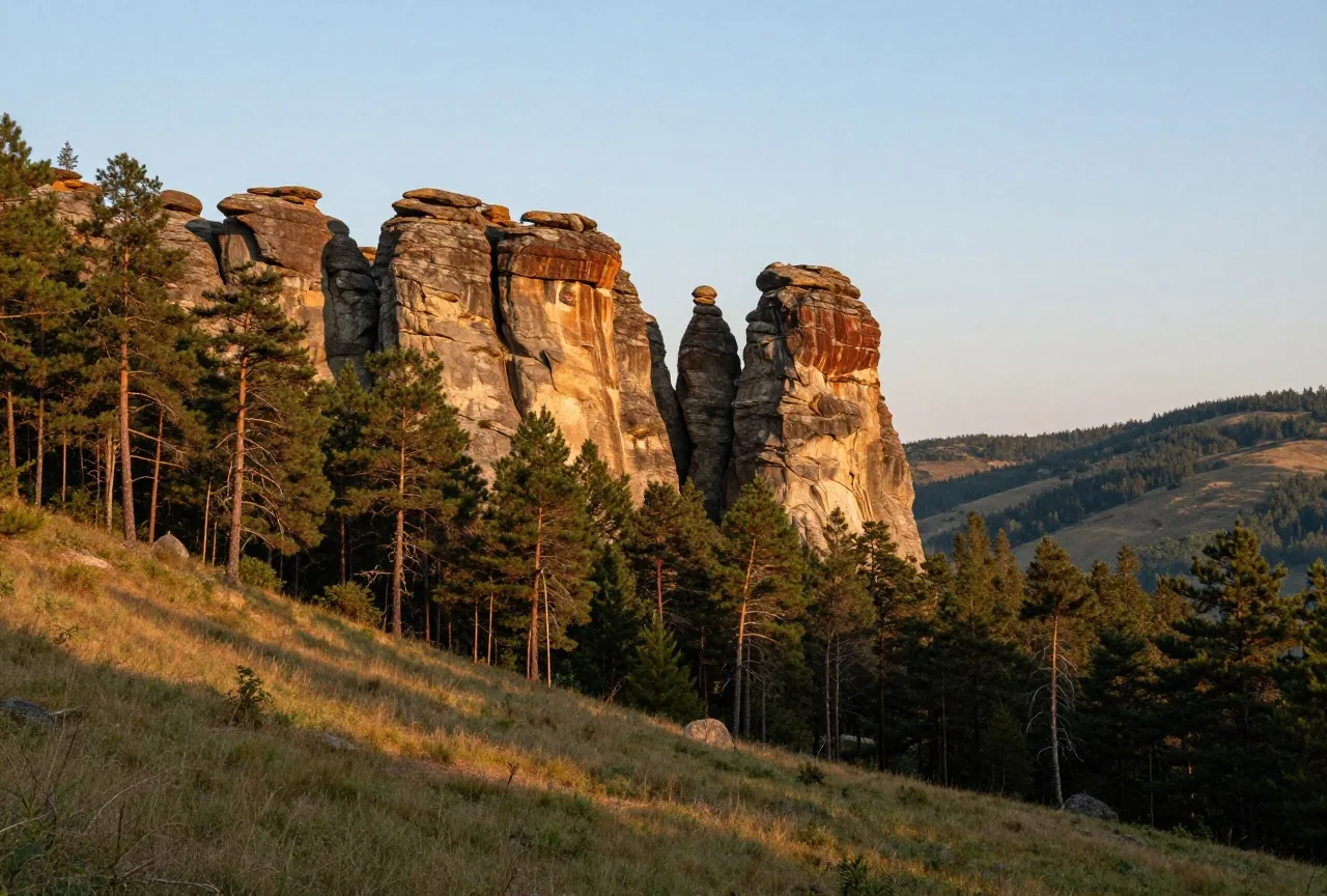 Hohe Sandsteinfelsen über einem Kiefernwald am Rand eines Tals im Abendlicht
