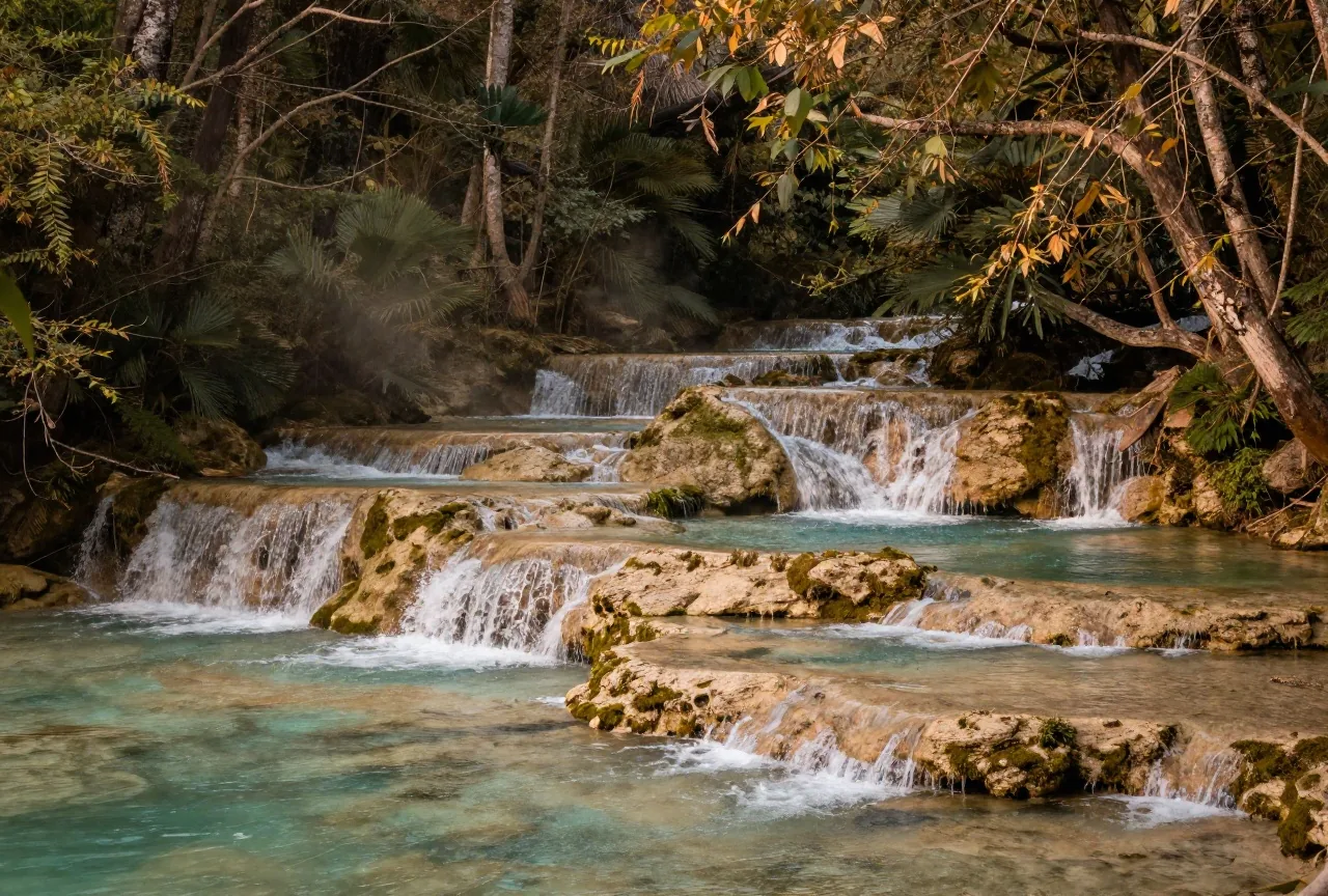 Kleine Wasserfälle über moosbewachsene Kalkstufen in türkisfarbene Becken, umgeben von dichtem Buchenwald im Nachmittagslicht