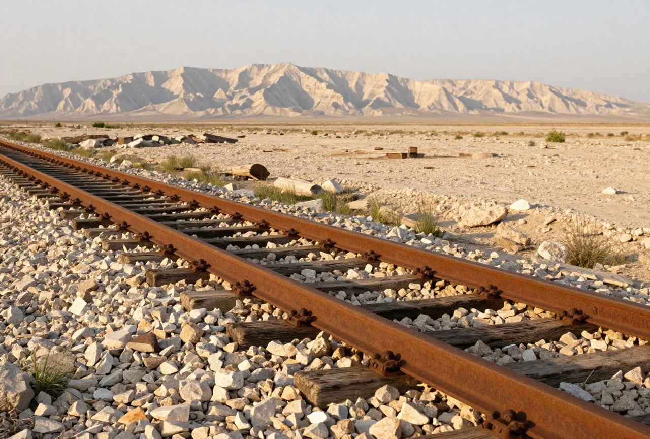 Rostige alte Eisenbahnschienen halb im Gras auf einer weiten steinigen Karstebene, dahinter Kalkberge im warmen Abendlicht