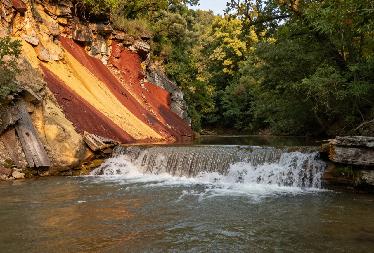 Breiter Fluss mit Kaskaden zwischen grünen Bäumen, daneben eine Felswand aus schräg geschichtetem, teils gelbrot gefärbtem Gestein im Nachmittagslicht