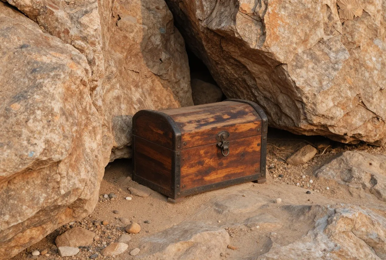 Kleine Holzkiste mit Eisenbeschlägen, halb verborgen zwischen Felsbrocken in einer trockenen Schlucht, weiches Nachmittagslicht