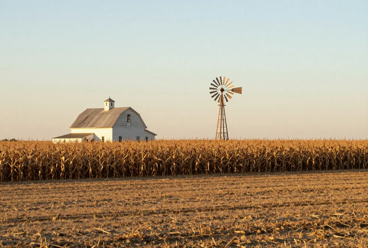 Flaches Farmland mit hohem Maisfeld, einem weiß gestrichenen Bauernhaus aus Holz und einer Windmühle unter einem weiten Himmel im goldenen Abendlicht