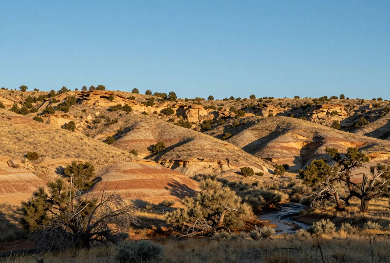Grasbewachsene Hügel und niedrige Tafelberge mit Wacholder und Kiefern unter weitem Himmel in New Mexico, im Vordergrund Beifuß und ein trockenes Bachbett