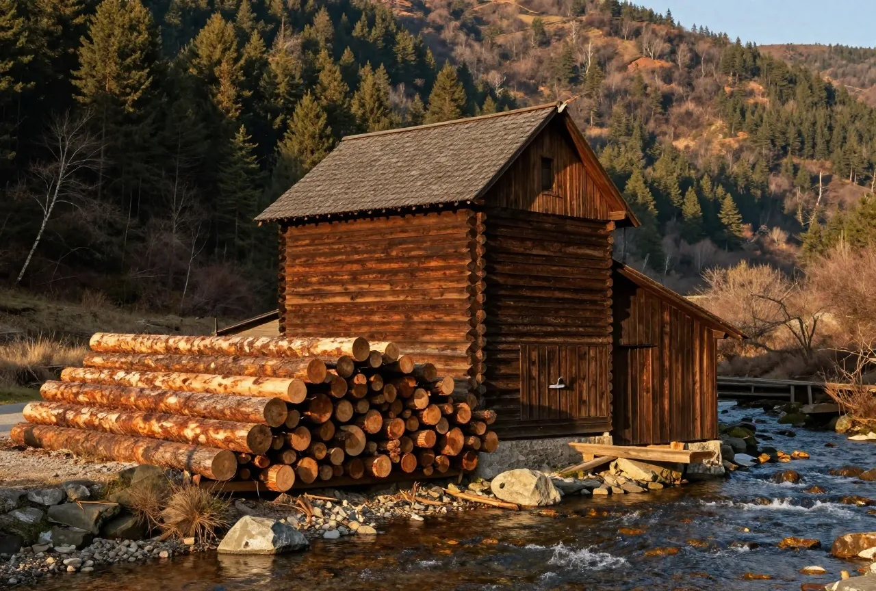 Alte Sägemühle aus verwittertem Holz an einem Bach, davor gestapelte Baumstämme, dahinter bewaldete Berge im Nachmittagslicht