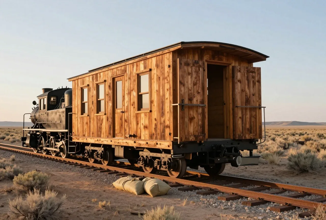 Hölzerner Expresswagen einer Eisenbahn mit offenen Seitentüren auf einem einzelnen Gleis in einer Salbeisteppe, davor eine ruhende Dampflok, leere Segeltuchsäcke am Boden im Nachmittagslicht