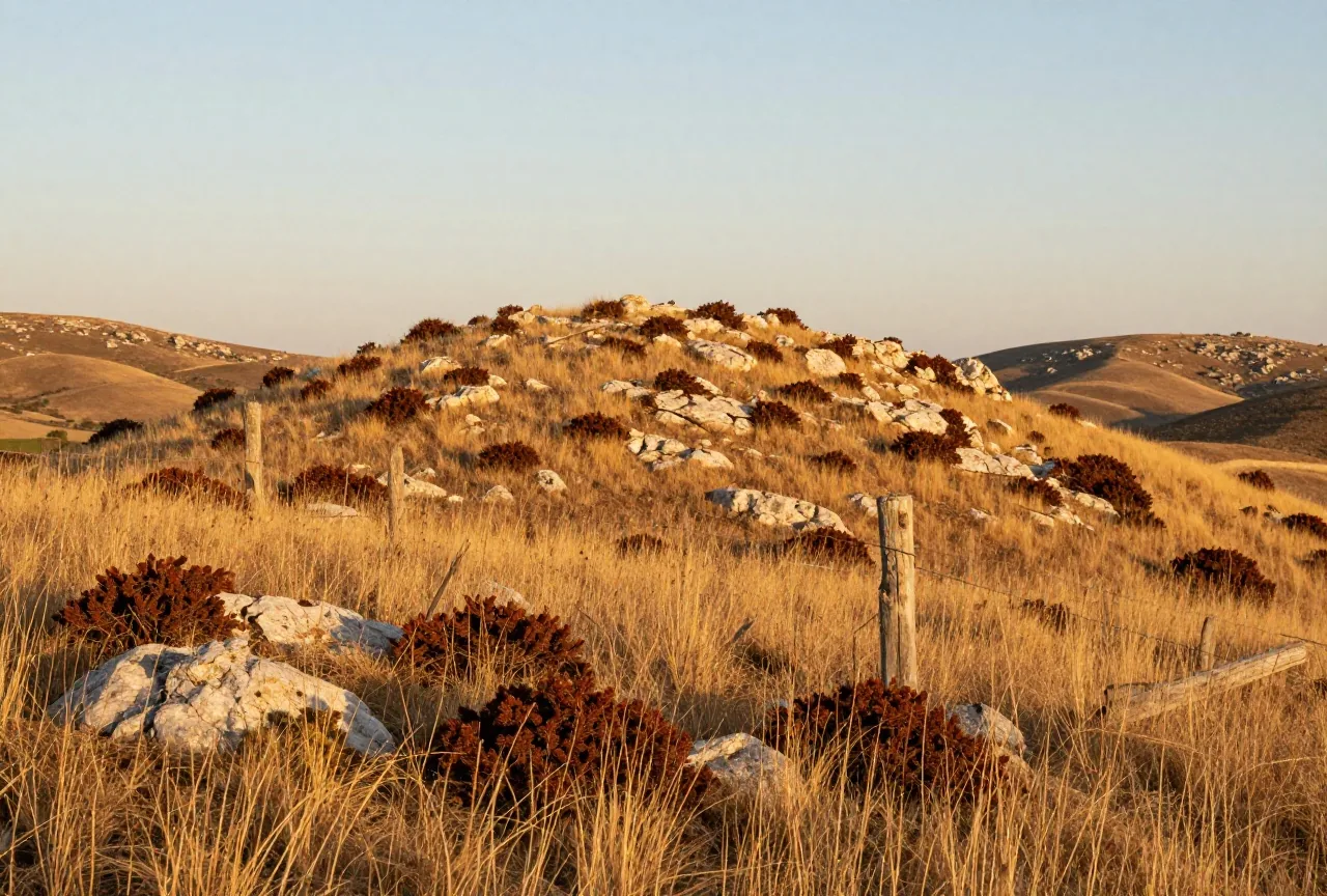 Anhöhe mit Wacholderbüschen, goldenem Gras und hellen Felsen im trockenen Hügelland Nordspaniens im warmen Abendlicht