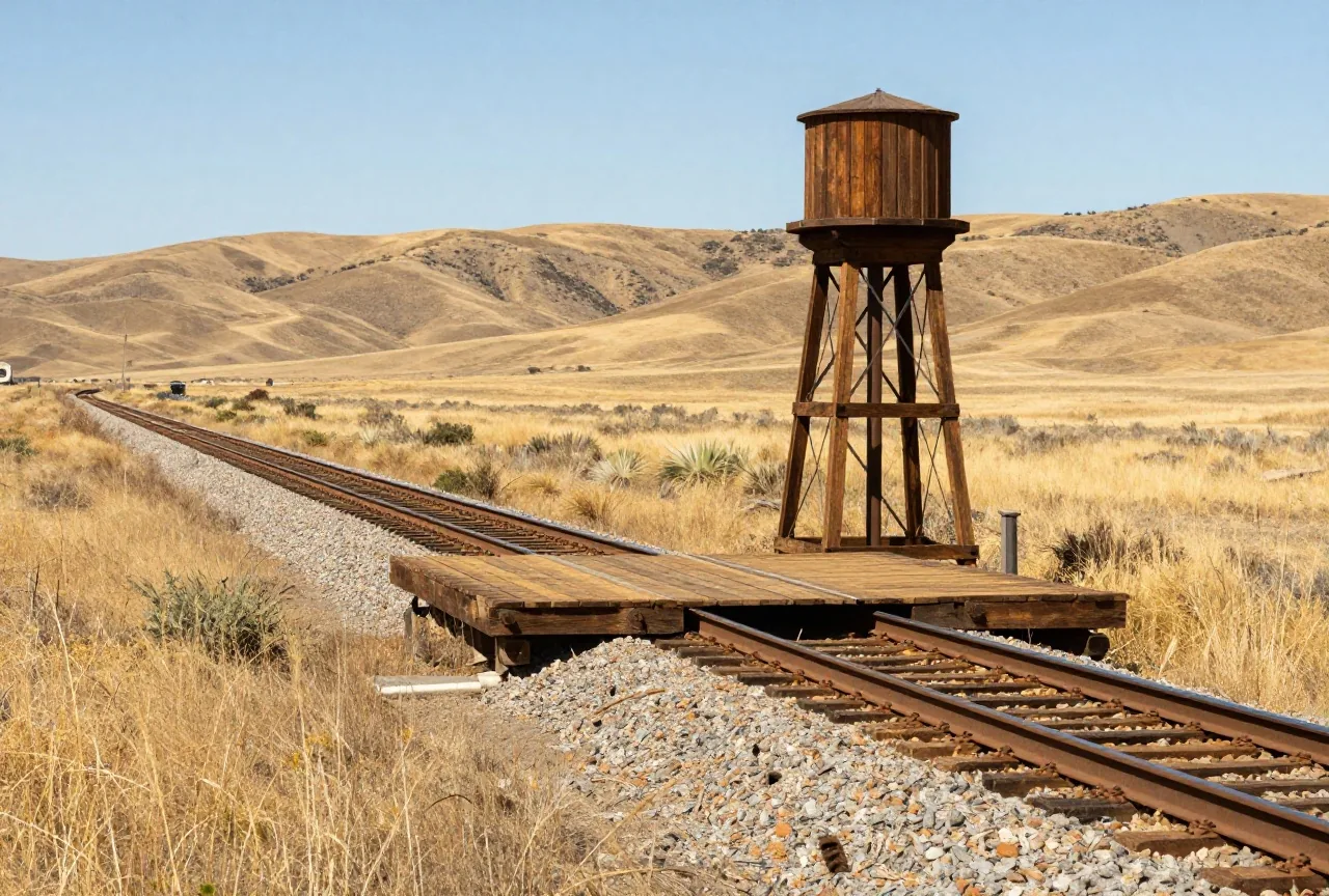 Einzelnes Bahngleis mit hölzernem Bahnsteig und Wasserturm in trockener, hügeliger Graslandschaft unter heller Mittagssonne