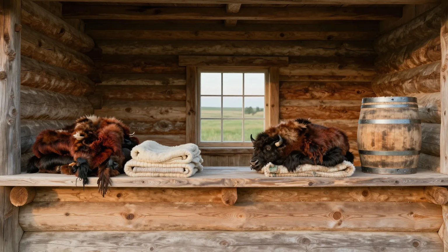 Hölzerner Tresen in einem nachgebauten Handelsposten mit gestapelten Bisonfellen, gefalteten Wolldecken und einem schlichten Holzfass, durch ein kleines Fenster fällt Nachmittagslicht