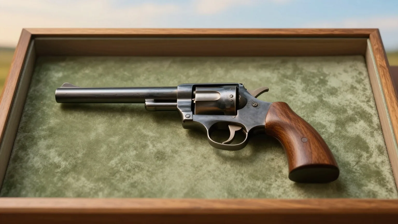 Alter Revolver mit langem Lauf und glattem Holzgriff liegt seitlich auf grünem Samt in einer Museumsvitrine aus Holz und Glas, gedämpftes warmes Licht