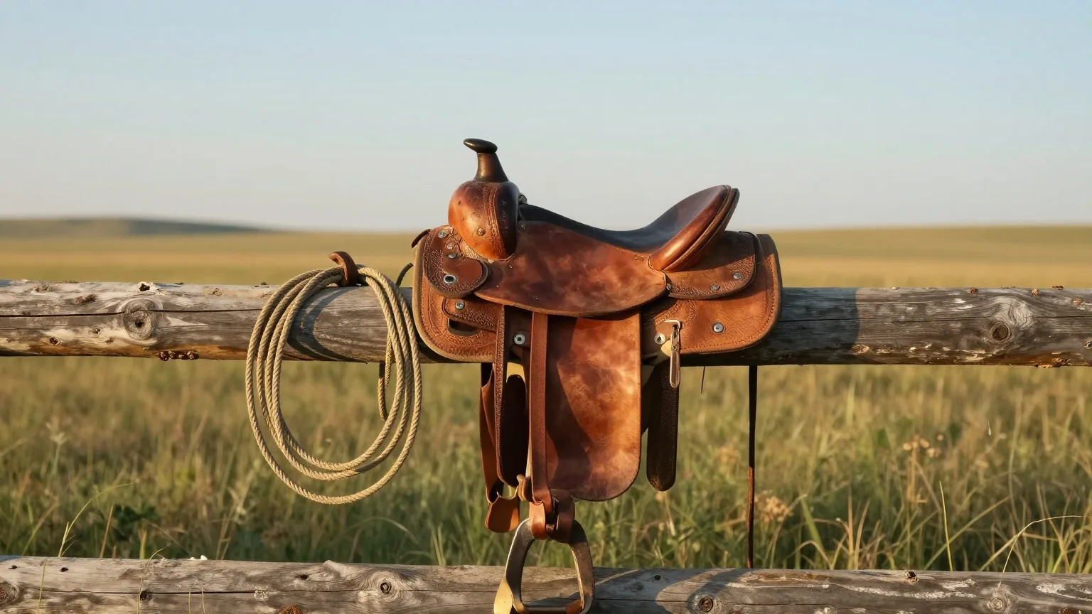Abgenutzter Westernsattel aus Leder mit hohem Horn auf einem Holzzaun, daneben ein aufgerolltes Lasso und ein Paar Sporen, im Hintergrund Grasland im warmen Nachmittagslicht