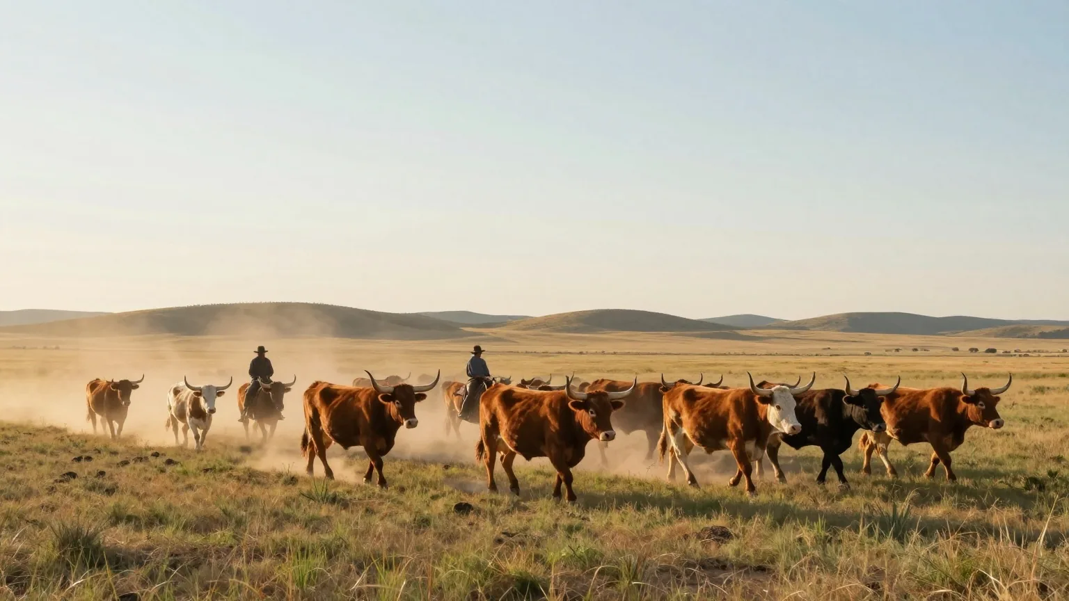 Eine Herde Longhornrinder zieht über weites Grasland, dahinter drei Reiter als kleine Silhouetten im Staub der tief stehenden Nachmittagssonne
