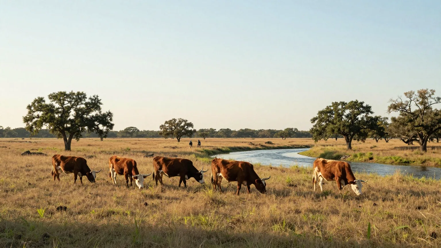 Weite Küstenprärie in Texas mit einzelnen Eichen, eine Longhornherde grast an einem langsamen Fluss, zwei Reiter in der Ferne als kleine Silhouetten im warmen Nachmittagslicht