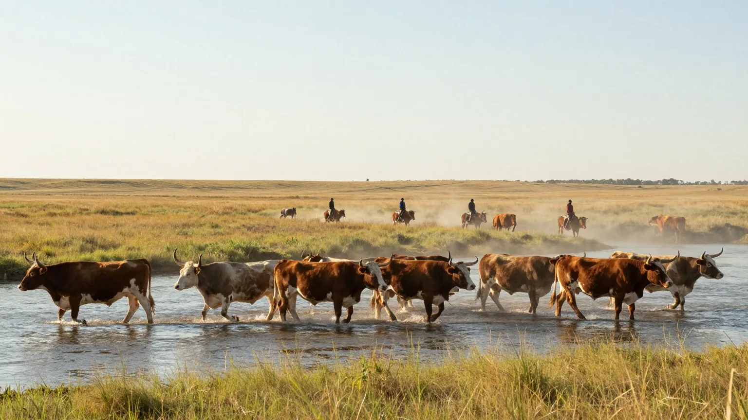 Eine lange Reihe Longhornrinder durchquert einen breiten, flachen Fluss in der Prärie, Reiter am anderen Ufer als kleine Silhouetten im warmen Nachmittagslicht
